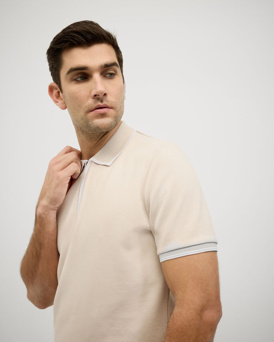 Textured Zip Collar Polo, Natural, hi-res